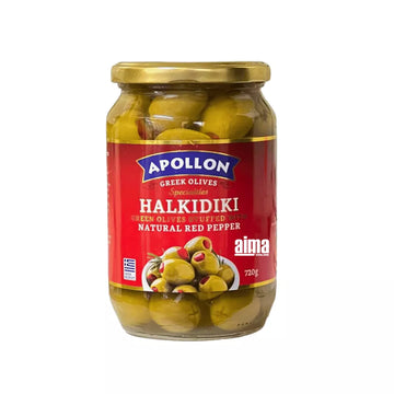 Apollon Halkidiki Grüne Oliven mit Paprika - Kirmizi Biberli Yesil Zeytin 720g