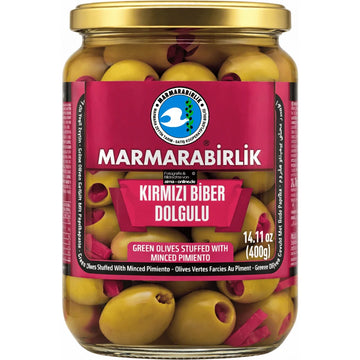 Marmarabirlik - Kirmizi Biber Dolgulu, Grüne Oliven Gefüllt mit Paprikapaste 400g