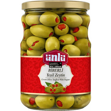 Ünlü – Biberli Yeşil Zeytin, Grüne Oliven mit roter Paprika 400g