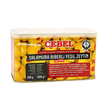 Cebel Salamura Biberli Yesil Zeytin - Grüne kernlose Oliven mit roter Paprika 1000g